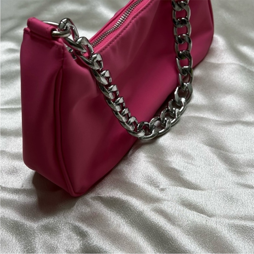 Nylon Curved 90s Shoulder Bag Purse Handbag with Silver Chain Strap Pink - Picture 9 of 12